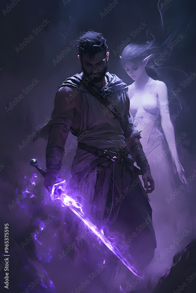 Obraz premium A strong looking mage in his thirties with a short beard, wielding a short sword glowing with dark purple energy