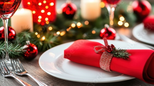A plate with a napkin and silverware on it next to christmas decorations, AI