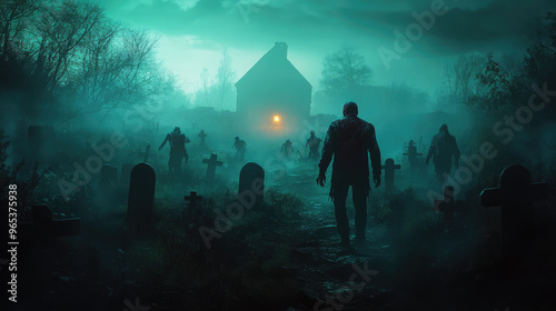 A ghostly graveyard scene with undead zombies rising from their graves, their decayed forms glowing in the dim light.