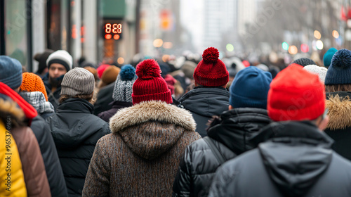 Wallpaper Mural A crowded city street scene with people wearing colorful hats in winter attire, showcasing urban life and seasonal activity. Torontodigital.ca
