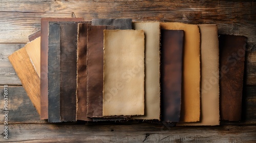 A collection of rustic swatch samples featuring mahogany wood and weathered textiles, arranged in a visually appealing pattern against a worn wooden backdrop photo