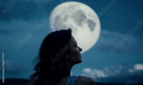 Woman Admiring Moonlit Night Sky