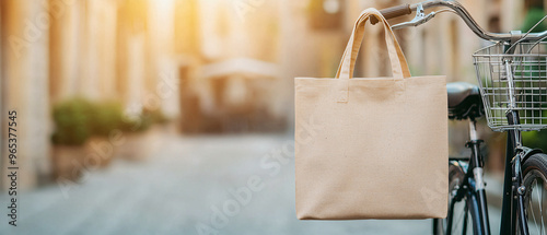 A stylish tote bag hanging on a bicycle, perfect for outdoor errands and casual rides, showcasing urban lifestyle elegance. photo