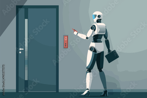 Robot Pointing Businesswoman to Exit Door, Machine Replacing Human Worker in Office