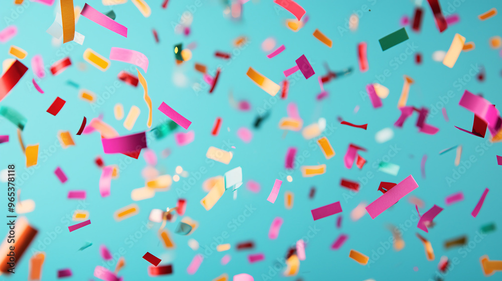Obraz premium Colorful confetti falls against a bright blue background, perfect for celebrations and festive events.