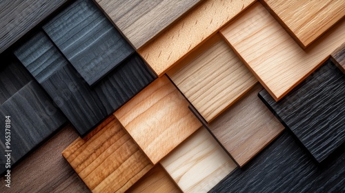 A collection of wood swatch samples, showcasing a dramatic contrast between deep ebony and light maple, arranged in a striking diagonal pattern