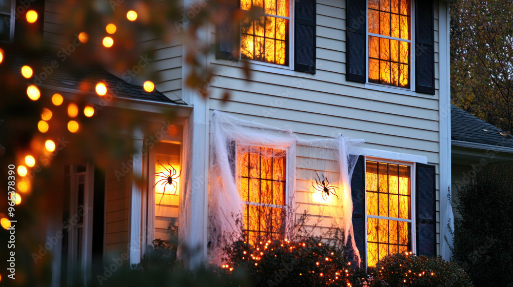 A house with Halloween decorations on the windows and a spider web on the porch. The house is lit up with lights, creating a spooky and festive atmosphere A house with Halloween decorations on the windows and a spider web on the porch. The house is lit up with lights, creating a spooky and festive atmosphere
