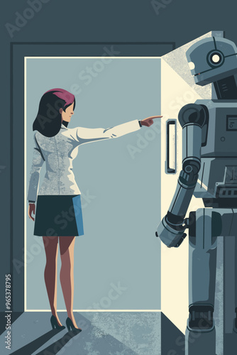 Robot Pointing Businesswoman to Exit Door, Machine Replacing Human Worker in Office