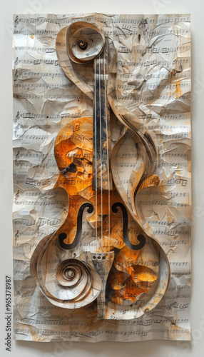 Volumetric composition of a violin made of corrugated paper. Modern interpretation: a violin made of paper