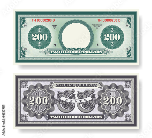 Vector fictional beautiful banknote of 200 dollars. Obverse and reverse of note. Play money with empty circle, guilloche patterns and grid. Blank or sample of certificate. Business and finance.
