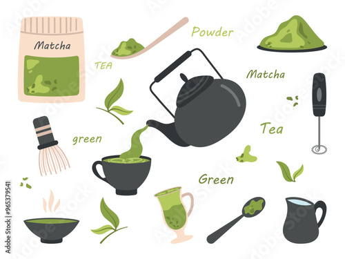 Vector set of elements for making matcha tea, hand drawn on white background. Lettering green tea, matcha powder