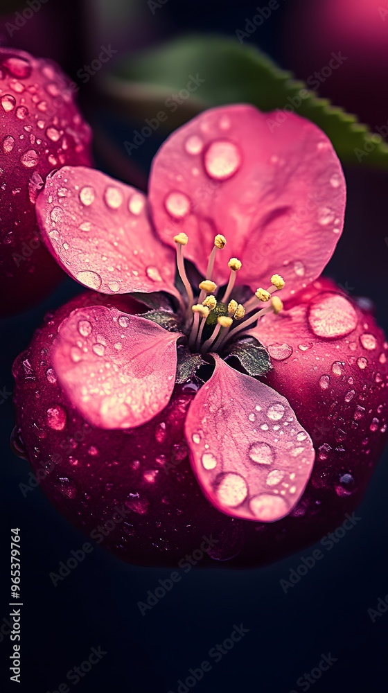 Fototapeta premium Dew-Covered Pink Flower with Yellow Stamens