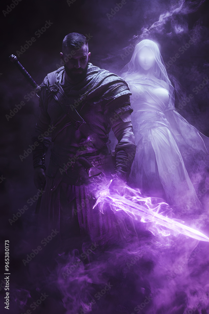 Fototapeta premium A strong looking mage in his thirties with a short beard, wielding a short sword glowing with dark purple energy