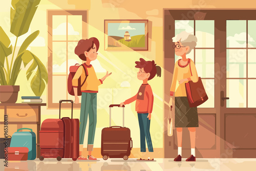 Heartwarming Scene of Grandmother Visiting Grandchildren with Luggage, Depicted as a Landing Page Template