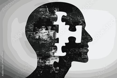 Silhouette of a Human Head Split by a Jigsaw Puzzle Representing Dementia and Memory Loss