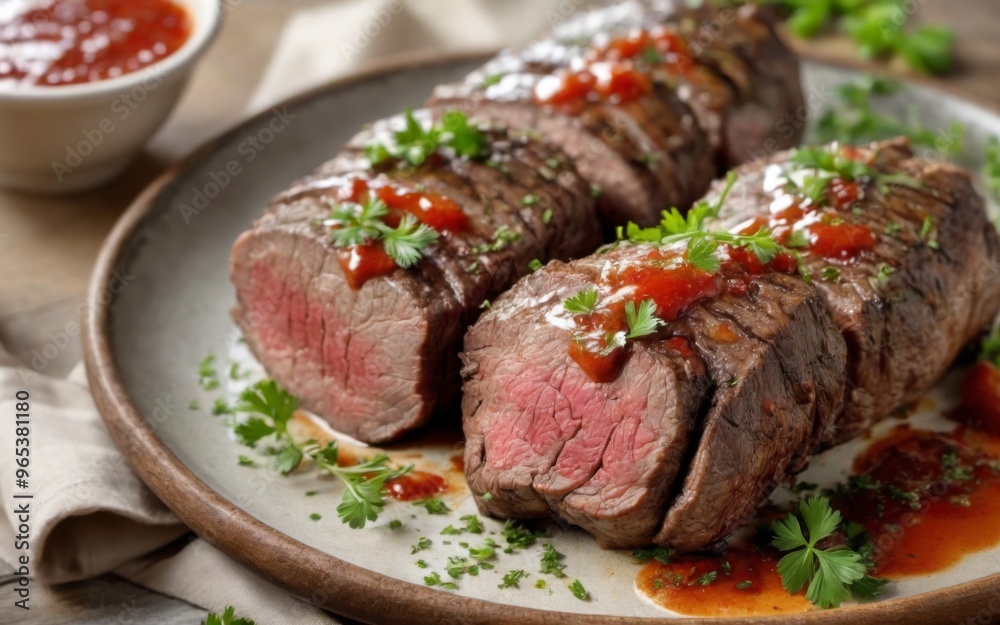 Grilled beef tenderloin with red sauce and parsley on wooden tab Grilled beef tenderloin with red sauce and parsley on wooden tab