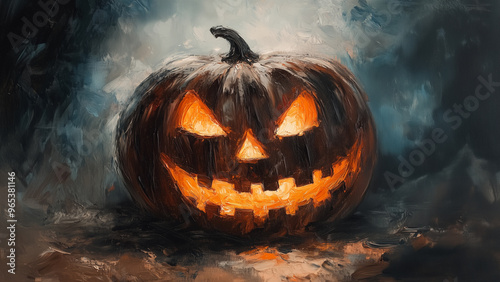 Vintage Carved Pumpkin: A Dark Horror Oil Painting photo