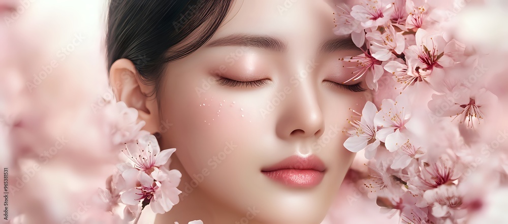 A woman's face surrounded by delicate pink cherry blossoms, symbolizing beauty and serenity. A woman's face surrounded by delicate pink cherry blossoms, symbolizing beauty and serenity.