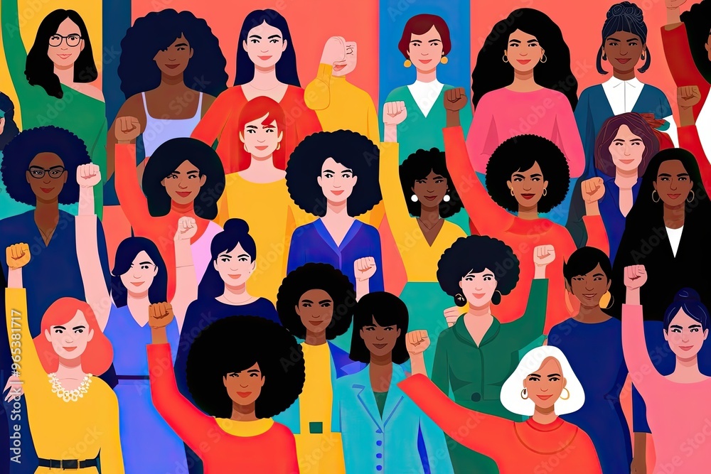 Obraz premium Vibrant Artwork of Diverse Women Empowerment and Gender Equality Fist Raising