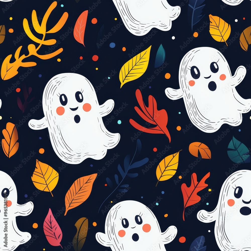 A Halloween themed pattern of white ghosts and leaves A Halloween themed pattern of white ghosts and leaves