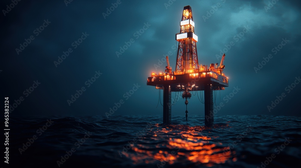 Obraz premium Futuristic Holographic Oil Platform in Dark Oceanic Environment - Deepsea Drilling with Glowing Technology and Copy Space,