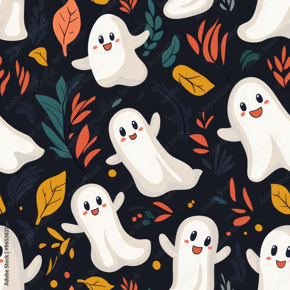 A Halloween themed pattern of white ghosts and leaves A Halloween themed pattern of white ghosts and leaves