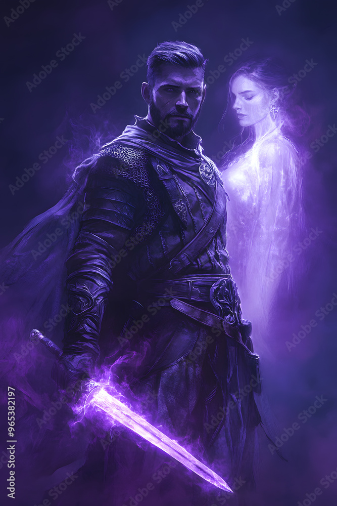 A strong looking mage in his thirties with a short beard, wielding a short sword glowing with dark purple energy A strong looking mage in his thirties with a short beard, wielding a short sword glowing with dark purple energy