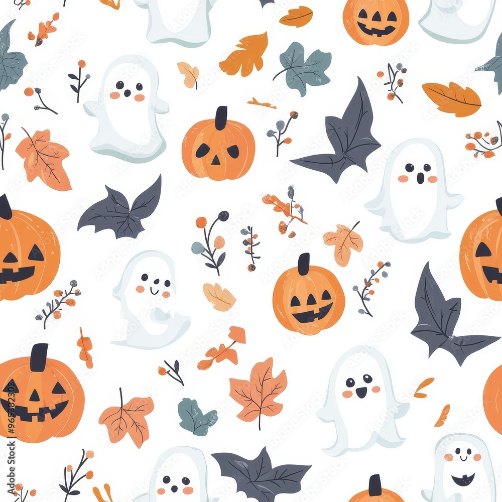 A Halloween themed pattern of white ghosts and leaves A Halloween themed pattern of white ghosts and leaves