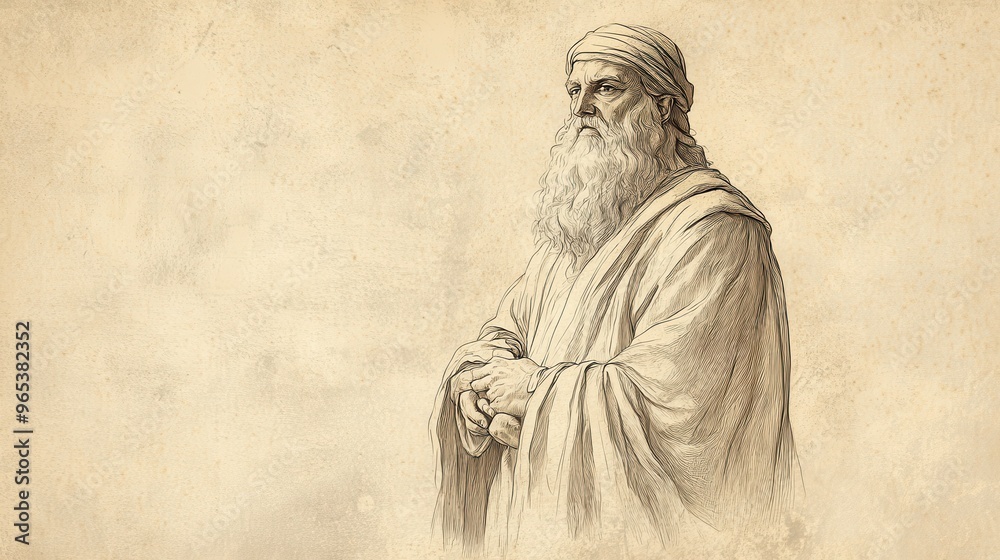 Fototapeta premium Leviticus Ritual: Israelite Sacrifices and Dedicates to Obedience, Determined Expression, Biblical Illustration, Bible Wall Art, Beige Background