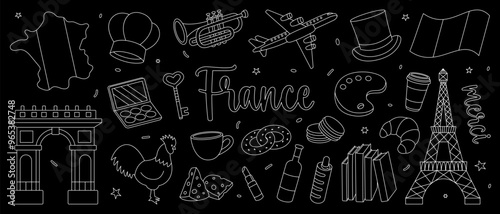 France outline set. Travel to France illustration. French national doodle elements. Hand drawn elements for vacation card or print postcard.