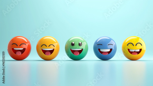 Colorful smiling emoticons on a blue background and copy space for text or design, smiley faces, World Smile Day