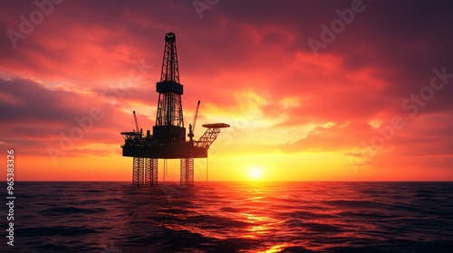 Golden Hour Energy Crisis: Dramatic Oil Rig Silhouette at Sunset 3D Illustration with Copy Space, Selective Focus - Ultra HD