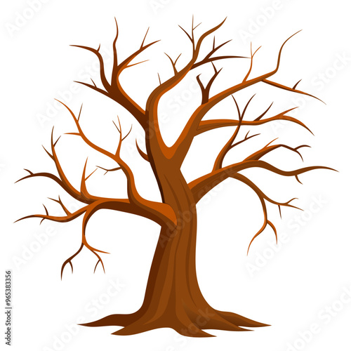 A bare tree lacking leaves stands out against a white background
