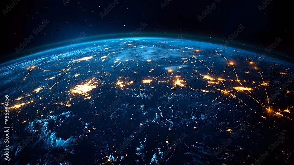 Fototapeta premium Satellite Aerial View of Global Internet Cable Network Connecting Continents