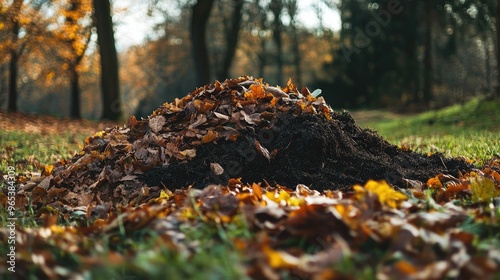 A compost pile with organic materials, leaves, and space for a sustainability message.