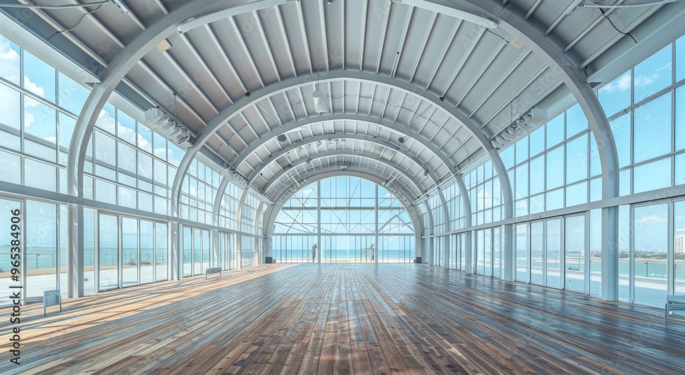 Large Indoor Seaside Commercial Center with Arched Roof and Glass Windows for Shopping or Business Generative AI Large Indoor Seaside Commercial Center with Arched Roof and Glass Windows for Shopping or Business Generative AI