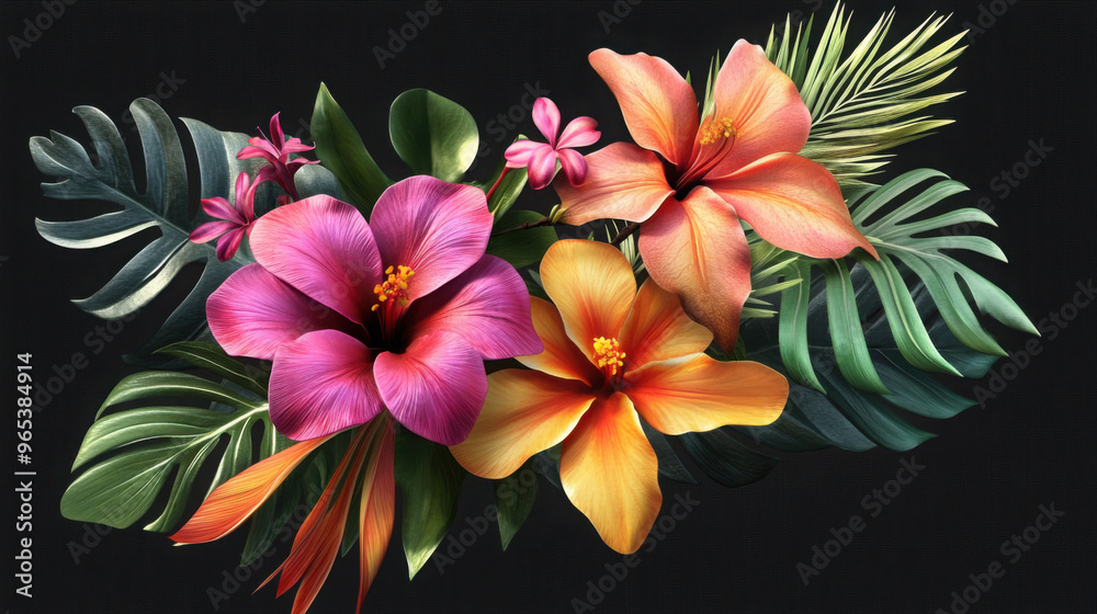 Fototapeta premium A 3D illustration of a tropical flower bouquet, set on a transparent background.