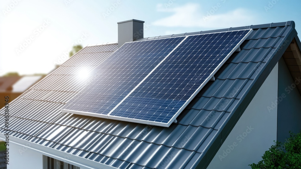 A home solar panel system installed on a modern roof, space for eco-friendly messaging.