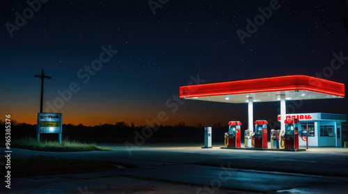 brightly lit gas station at night, with fuel pumps