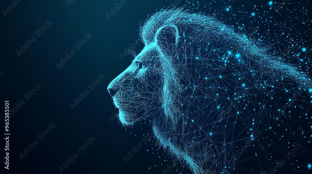 Abstract digital lion in polygons, lines and connected dots. King of beasts. Technology wild concept. Low Poly Wireframe 3D Vector illustration in blue Abstract digital lion in polygons, lines and connected dots. King of beasts. Technology wild concept. Low Poly Wireframe 3D Vector illustration in blue