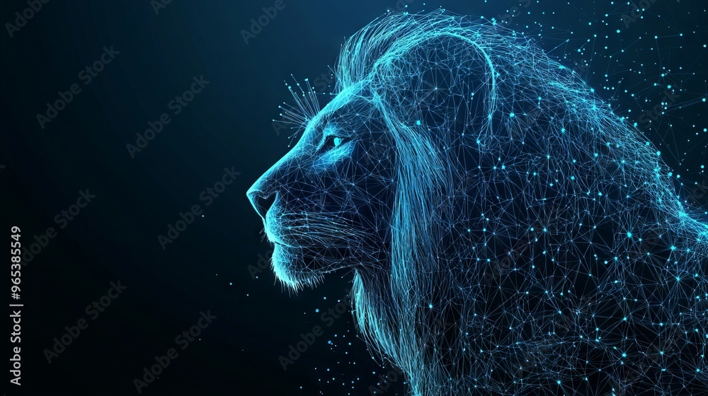 Abstract digital lion in polygons, lines and connected dots. King of beasts. Technology wild concept. Low Poly Wireframe 3D Vector illustration in blue Abstract digital lion in polygons, lines and connected dots. King of beasts. Technology wild concept. Low Poly Wireframe 3D Vector illustration in blue