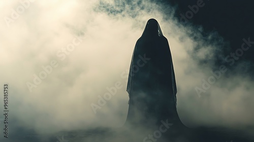 Spooky silhouette of a ghost in a foggy night, ultra-sharp focus, solid light grey background