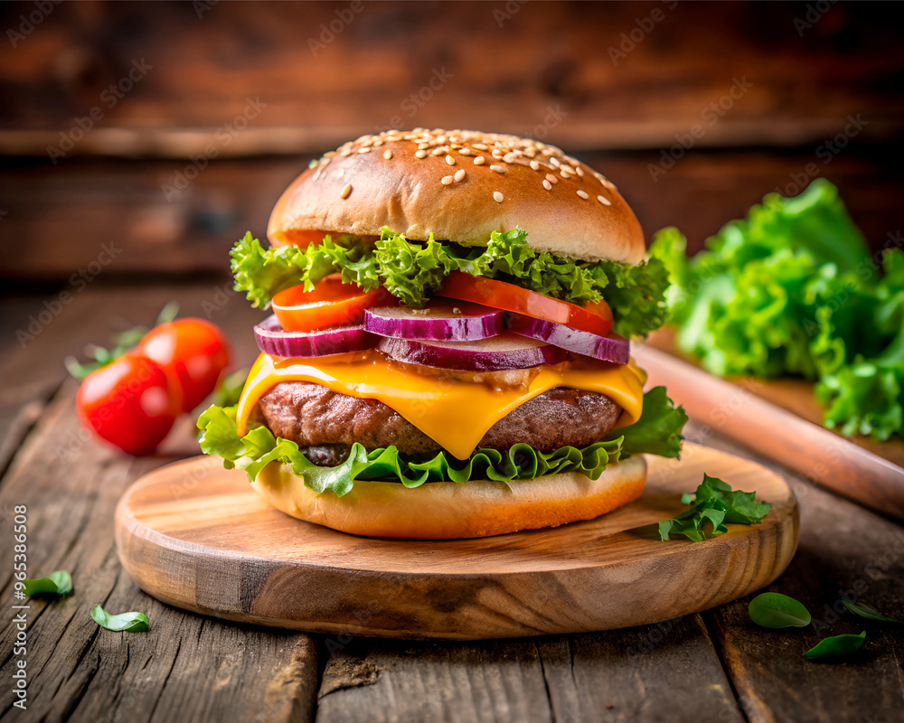 a cheeseburger with onions and lettuce on a wooden board. a cheeseburger with onions and lettuce on a wooden board.