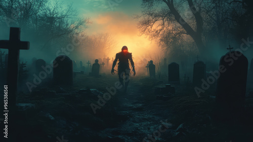 Spooky cemetery scene with undead zombies emerging from their graves, their decayed faces glowing in the dim light.