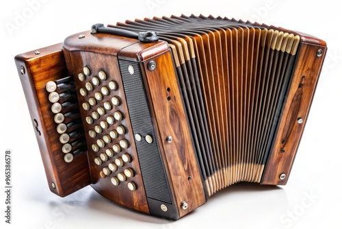 A weathered bandoneon, its dark wooden casing worn smooth, stands out against the stark black buttons and subtle curves, inviting fingertips to dance across its surface.