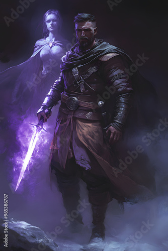 A strong looking mage in his thirties with a short beard, wielding a short sword glowing with dark purple energy