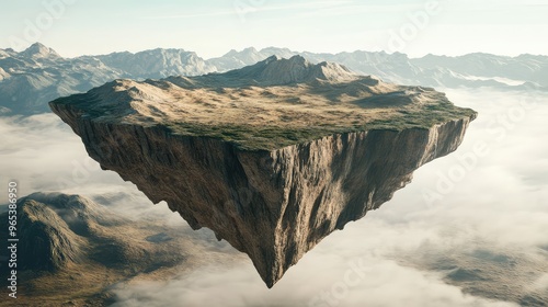 Photorealistic top view of a floating island, dry and mountainous, shot from high altitude with a 90-degree vertical camera angle, emphasizing the harsh environment
