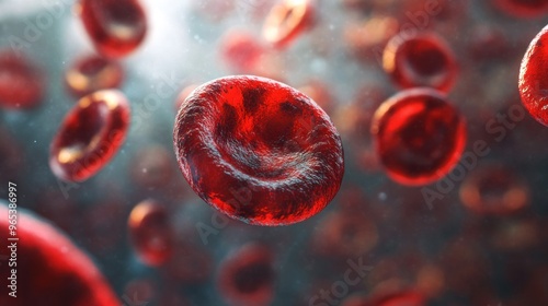 This image depicts a close-up view of red blood cells in a vessel, showcasing the biconcave disc shape characteristic of these vital blood components. photo