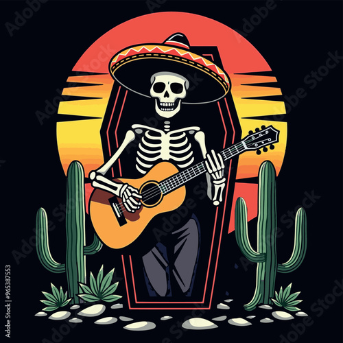 Vector tshirt design a skeleton wearing a sombrero playing a guitar