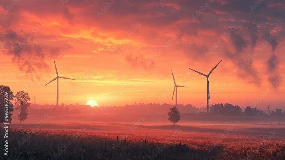 Fototapeta premium A wind farm in a rural setting at sunrise with space for a message in the sky.